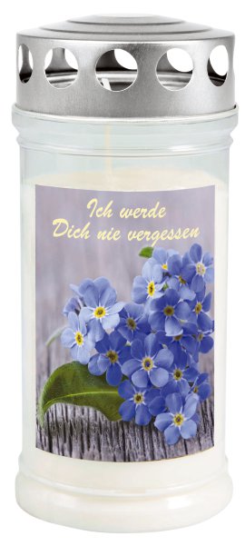 JEKA Gedenkkerze klein mit Thermo-Doppeldeckel & Motiv Vergissmeinnicht