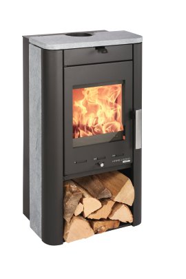 HAAS+SOHN Kaminofen Prunus II mit Holzfach Stein Schwarz/Serpentino