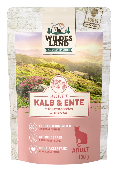 WILDES LAND Katzennahrung Kalb+Ente+Cranberry 100 g