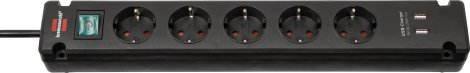 BRENNENSTUHL Steckdosenleiste Bremounta 5-fach mit 2 USB-Ladebuchsen & Schalter Schwarz 3 m