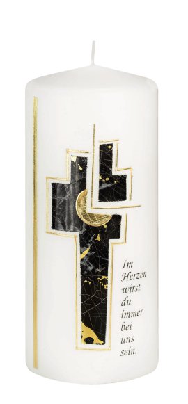 JEKA Trauerkerze Kreuz mit Spruch Schwarz-Gold 80x200 mm (ØxH)