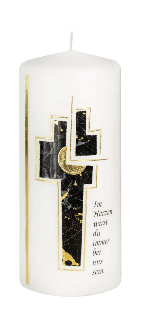 JEKA Trauerkerze Kreuz mit Spruch Schwarz-Gold 80x200 mm (ØxH)